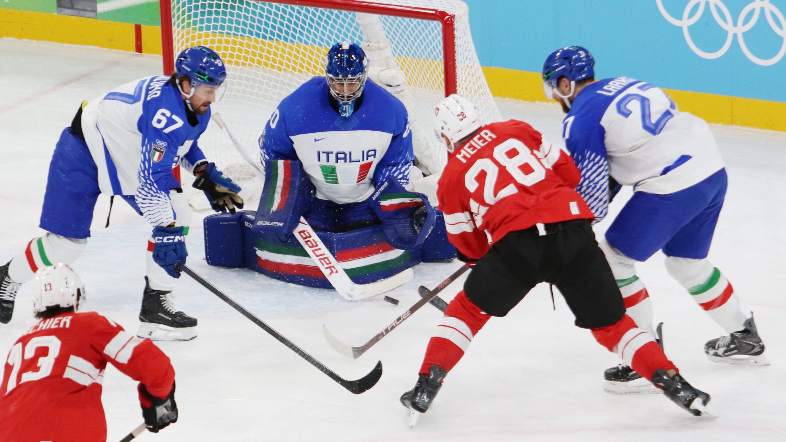 Mikael Frycklund #67, Damian Clara#20, Nico Hischier #13, Timo Meier #28, Thomas Larkin #27, Olympic Games 2026 Mens QG SUI - ITA, Milano Rho Ice Arena | Quelle: © Puckfans.at / Andreas Robanser